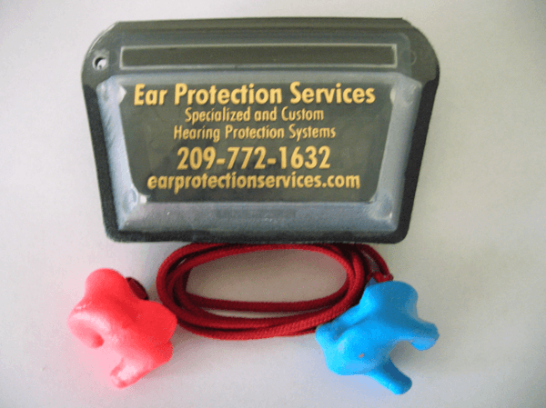 Custom earplugs with contact information displayed.
